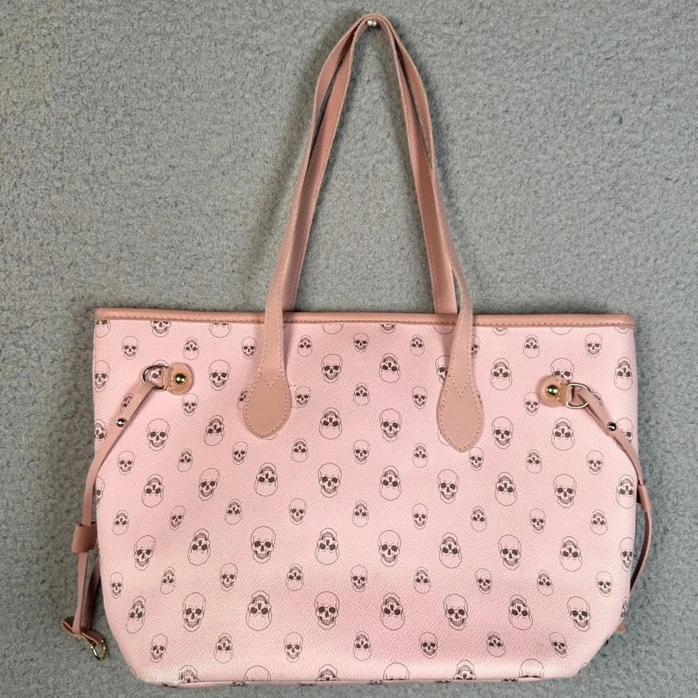 Pink Skull Tote Bag Womens OS Faux Leather Goth Punk Pastel Graphic Shoulder